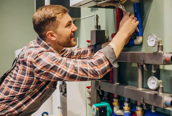 Heating engineer fixing boiler