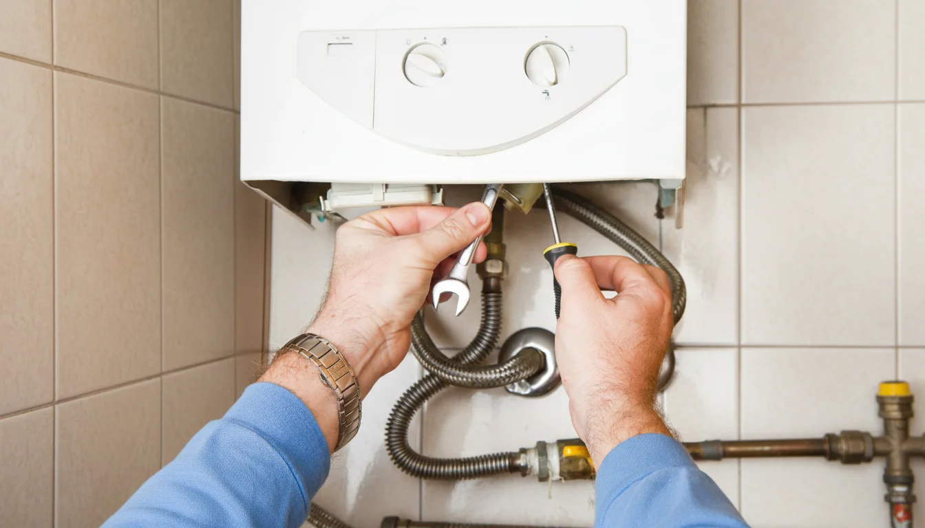 Person repairing boiler with tools.